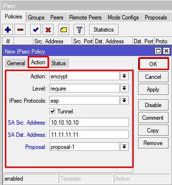 Настройка Mikrotik winbox, ipsec policy action