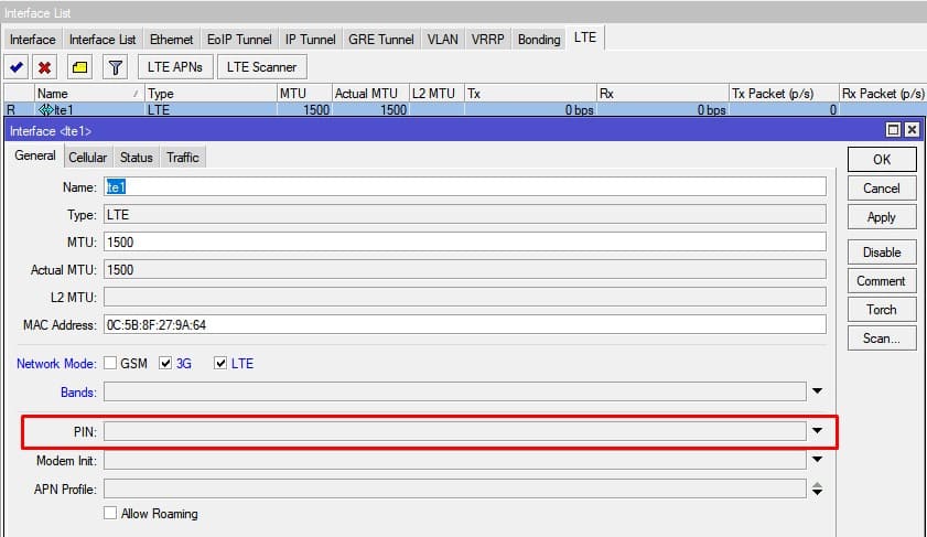 Настройка модема MikroTik R11e-LTE, PIN код сим карты