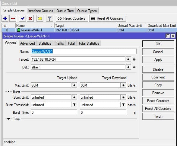 Настройка ограничение скорости в MikroTik, создание общего правила ограничения скорости для всего интернет канала WAN-1