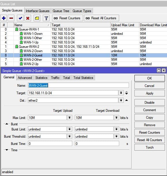 Настройка ограничение скорости в MikroTik, создание Simple Queues для гостевой сети