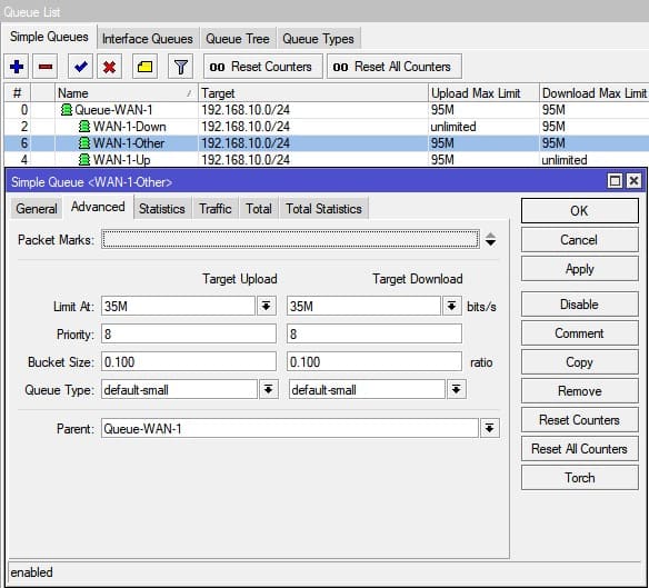 Настройка ограничение скорости в MikroTik, создание Simple Queues для остального трафика с лимитом