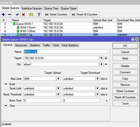 Настройка ограничение скорости в MikroTik, создание Simple Queues для приоритетной группы WAN-1 исхощяго трафика