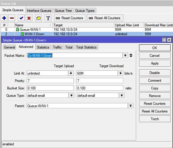 Настройка ограничение скорости в MikroTik, создание Simple Queues для приоритетной группы WAN-1 трафика типа download