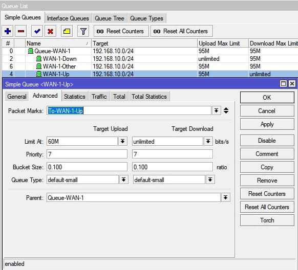 Настройка ограничение скорости в MikroTik, создание Simple Queues для приоритетной группы WAN-1 трафика типа upload