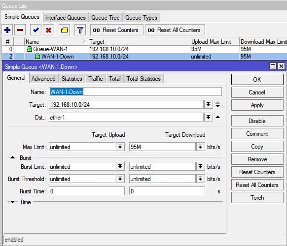 Настройка ограничение скорости в MikroTik, создание Simple Queues для приоритетной группы WAN-1 входящего трафика