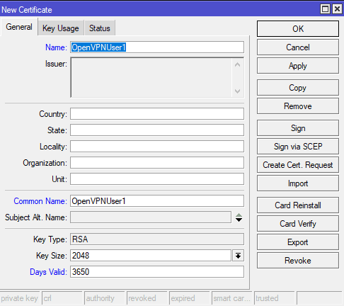 Настройка OpenVPN MikroTik, cоздание сертификата VPN клиента