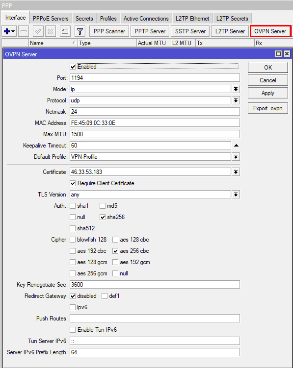 Настройка OpenVPN MikroTik, общая конфигурация