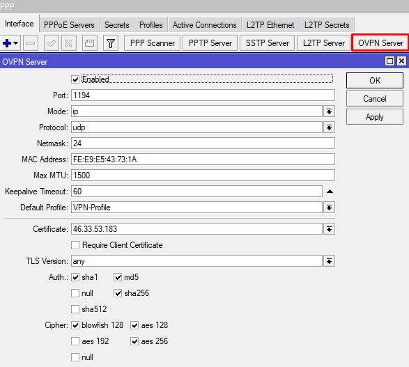 Настройка OpenVPN MikroTik, параметры сервера