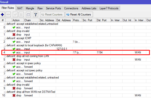 Настройка OpenVPN MikroTik, правила Firewall