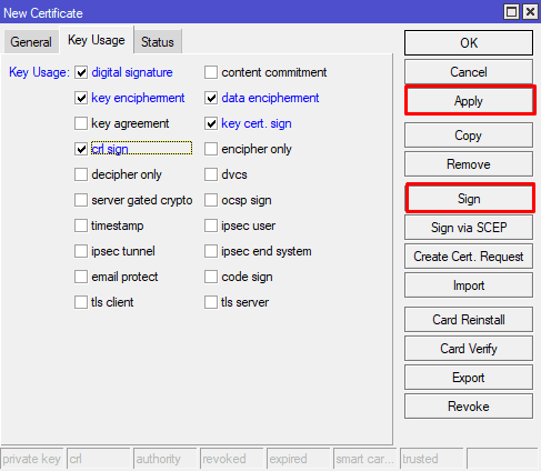 Настройка OpenVPN MikroTik, создание корневого сертификата key usage