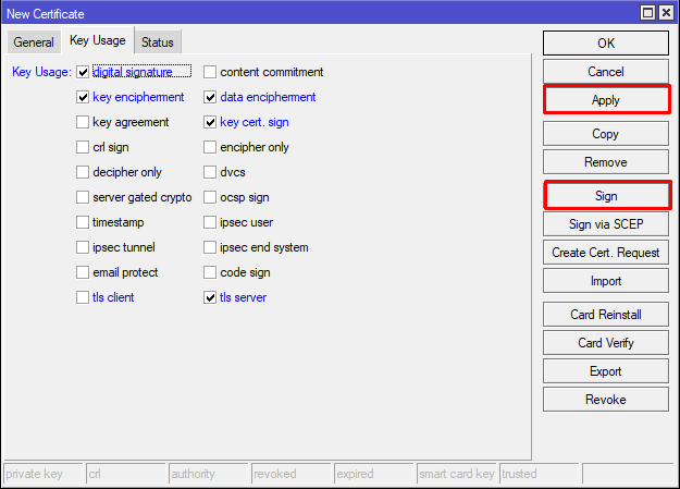 Настройка OpenVPN MikroTik, создание сертификата сервера key usage