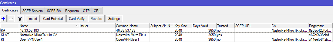 Настройка OpenVPN MikroTik, список сертификатов