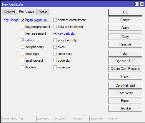 Настройка OpenVPN MikroTik, выбрать key usage для CA
