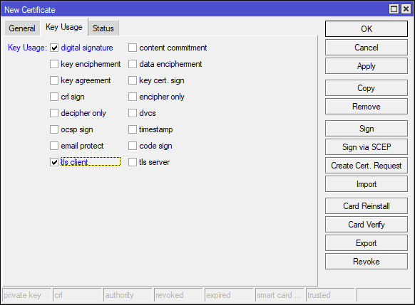 Настройка OpenVPN MikroTik, выбрать key usage для клиентского сертификата