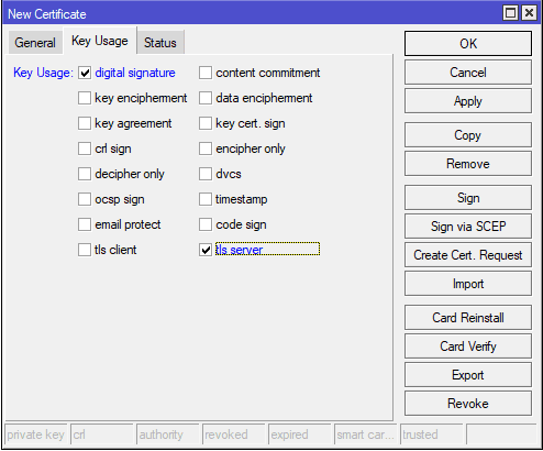 Настройка OpenVPN MikroTik, выбрать key usage для серверного сертификата