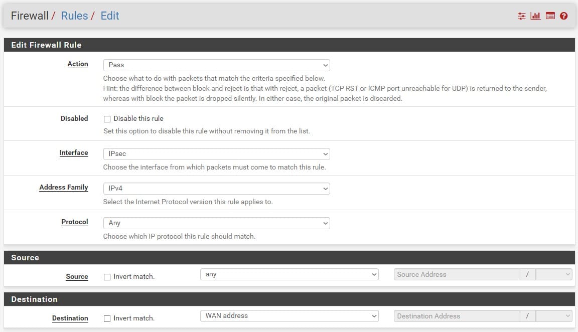 Настройка Pfsense Firewall, разрешение внешнего подключения IpSec