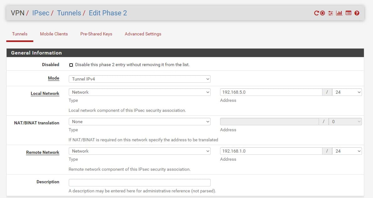 Настройка phase-2 для Pfsense IpSec, общие параметры