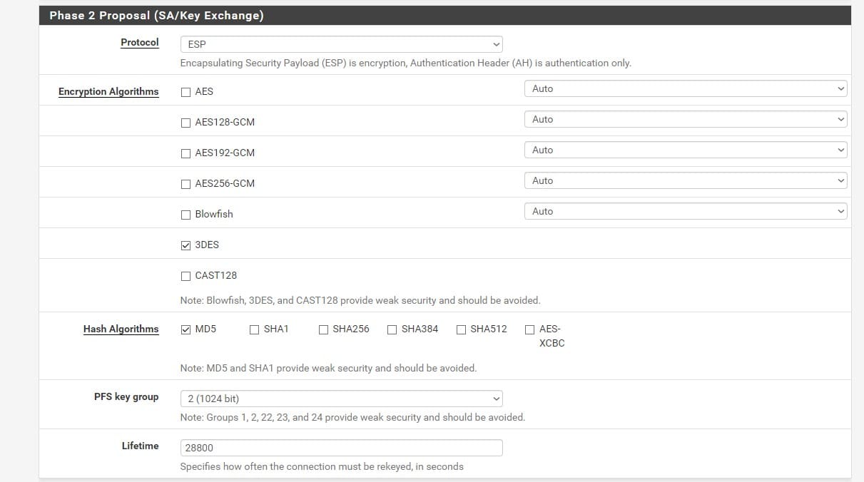 Настройка phase-2 для Pfsense IpSec, шифрование