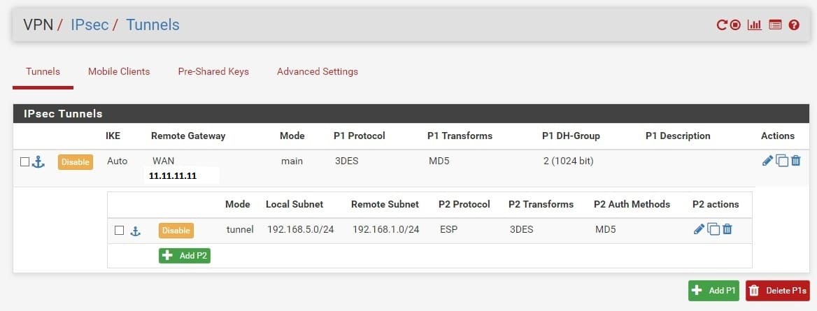 Настройка phase-2 для Pfsense IpSec