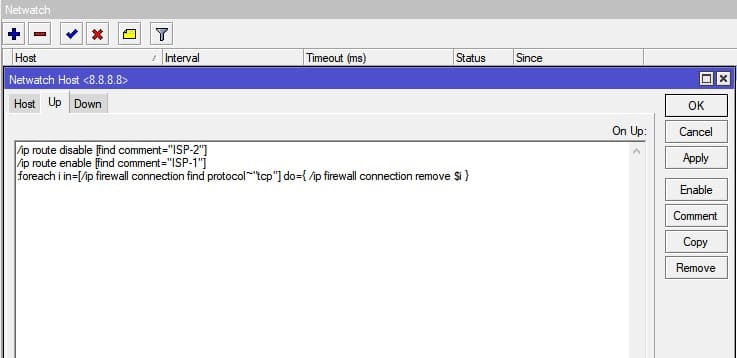 Настройка резервирования интернета в MikroTik, автопереключение на 2 провайдера, настройка Netwatch состояние UP