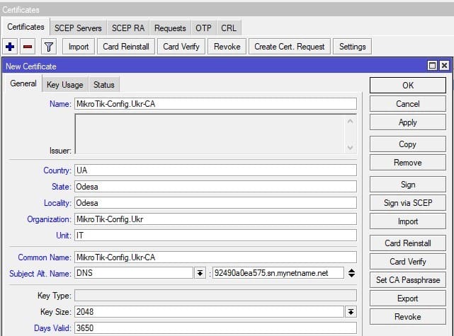 Настройка SSTP в MikroTik, создание сертификата для центра сертификации(CA)