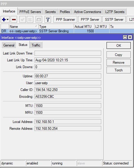 Настройка SSTP в MikroTik, статус подключения и характеристики VPN клиента 