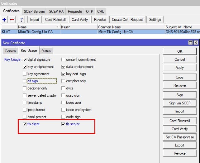 Настройка SSTP в MikroTik, указать возможность использовать этот сертификат в качестве клиентского и серверного сертификата