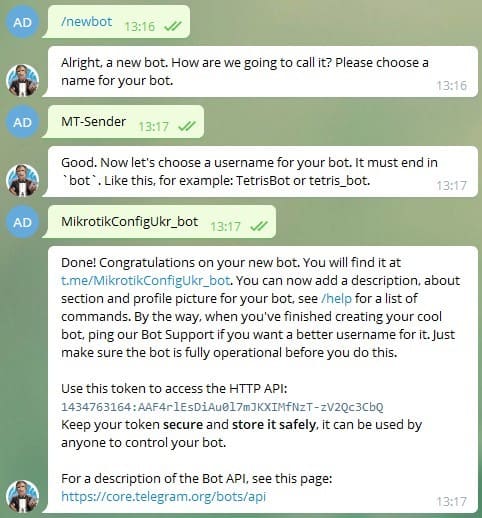 Настройка Telegram MikroTik, регистрация нового бота