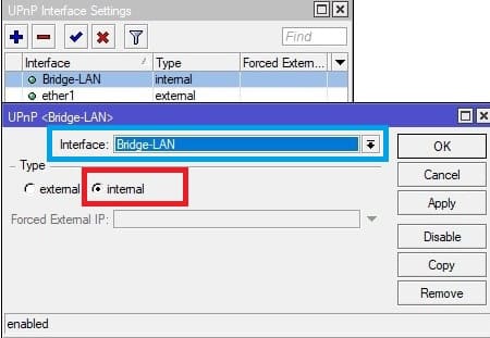 Настройка UPnP MikroTik, определить internal и external интерфейсы