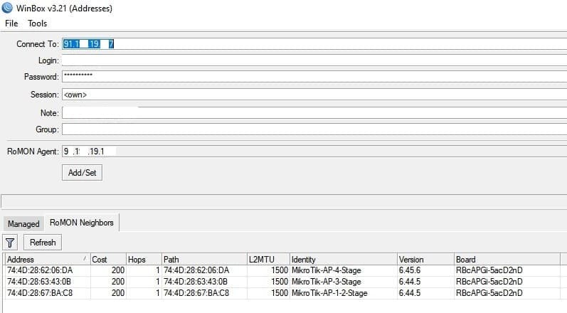Настройка утилиты RoMON на роутере MikroTik, обновление списка устройств в закладке Neighbors