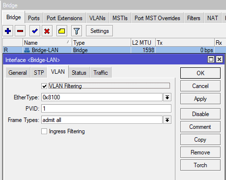 Настройка VLAN для CAPsMAN Local Forwarding, активация фильтрации VLAN в Bridge