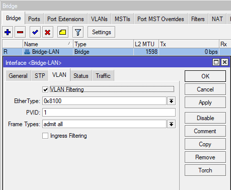 Настройка VLAN для CAPsMAN Local Forwarding, активация фильтрации VLAN в CAPs Bridge