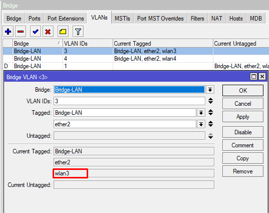 Настройка VLAN для CAPsMAN Local Forwarding, указать тегированные порты в CAPs