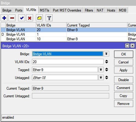 Настройка VLAN между роутерами MikroTik L3, опеределить какие порты будет trunk и access для VLAN20