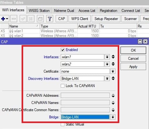 Настройка VLAN в CAPsMAN, активация режима CAP на точке доступа WiFi MikroTik-2