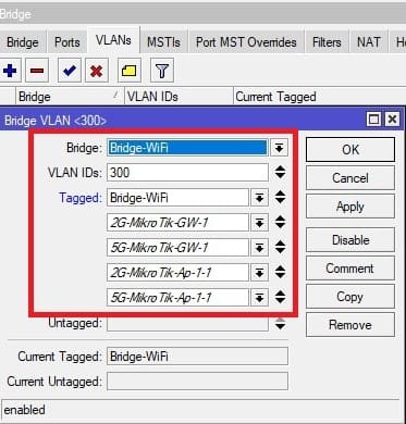 Настройка VLAN в CAPsMAN, настройка тегированных портов VLAN ID 300 на MikroTik-1