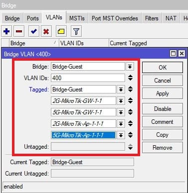 Настройка VLAN в CAPsMAN, настройка тегированных портов VLAN ID 400 на MikroTik-1