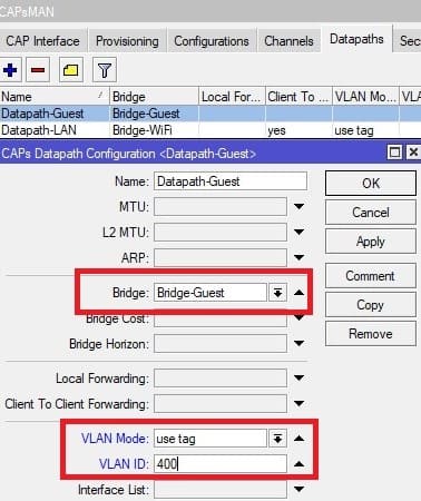 Настройка VLAN в CAPsMAN, обновление параметров Datapath для сети типа Guest на MikroTik-1