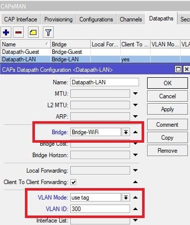 Настройка VLAN в CAPsMAN, обновление параметров Datapath для сети типа LAN на MikroTik-1