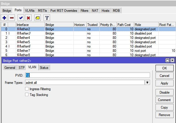 Настройка VLAN в MikroTik, добавление портов в Bridge