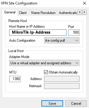 Настройка VPN IpSec между MikroTik и Shrew VPN client, вкладка General