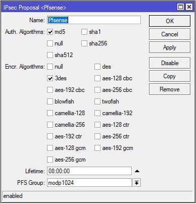 Pfsense и MikroTik, настройка параметров Proposal IpSec phase-2