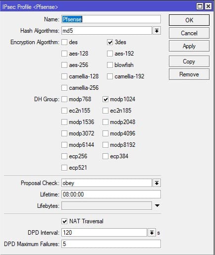 Pfsense и MikroTik, создание профиля для IpSec phase-1