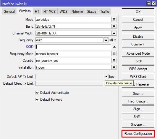 Плохо или медленно работает WiFi в MikroTik, Reset Configuration