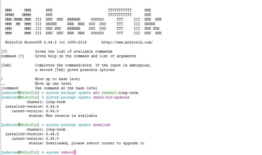 Пример обновление прошивки в MikroTik через командную строку, терминал