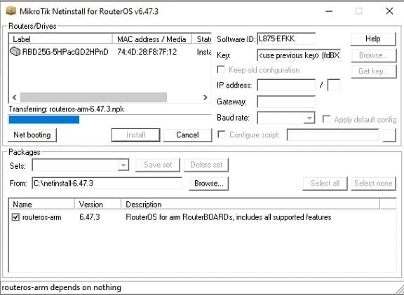 Прошивка MikroTik с помощью Netinstall, процесс прошивки