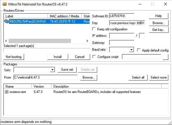 Прошивка MikroTik с помощью Netinstall, успешная загрузка