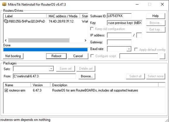 Прошивка MikroTik с помощью Netinstall, успешное завершение перепрошивки