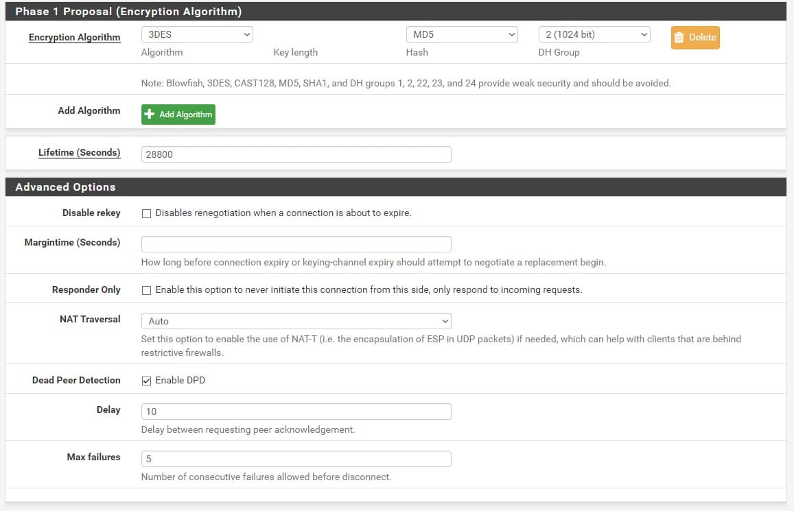 Создание phase-1 для Pfsense IpSec, выбор шифрования