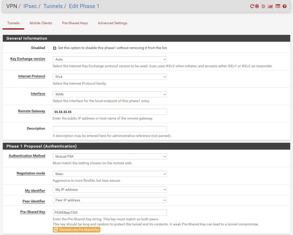 Создание phase-1 для Pfsense IpSec